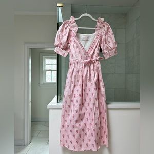 Pink Floral Midi Wrap Dress with Puff Sleeves